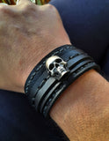 3D Silver Skull Bracelet, Black Leather Cuff, Bikers Bracelet, Oxidized Silver 925 Xray Skull Replica