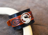 Silver 925 Tribal Dragon Bracelet, Black Brown Leather Cuff Bracelet, Men Leather Bracelet, Wide Mens Bracelet