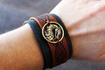 Tribal Dragon Bracelet, Black Brown Leather Cuff Bracelet, Men Leather Bracelet, Wide Mens Bracelet