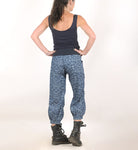 Womens cropped pants with stretchy belt, blue floral cotton denim, ankle length puffy pants, Size XS, S, M, L