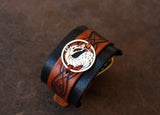 Silver 925 Tribal Dragon Bracelet, Black Brown Leather Cuff Bracelet, Men Leather Bracelet, Wide Mens Bracelet