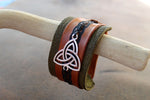 Celtic Triquetra Bracelet, Wide Green Brown Leather Cuff, Triple Knot, Irish Symbol, Unisex Bracelet