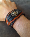 Black Bear Bracelet, Men Leather Black Brown Cuff Bracelet, Spirit Animal, Power/Totem Animal, Gift for Son/Boyfriend, Hand Stitched Leather