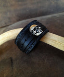 3D Silver Skull Bracelet, Black Leather Cuff, Bikers Bracelet, Oxidized Silver 925 Xray Skull Replica