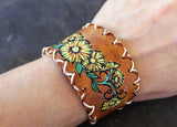 Painted Yellow Daisies Wide Leather Cuff Bracelet | Gift for Gardener/Nature Lover Gift