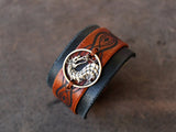 Tribal Dragon Bracelet, Black Brown Leather Cuff Bracelet, Men Leather Bracelet, Wide Mens Bracelet