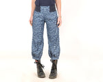 Womens cropped pants with stretchy belt, blue floral cotton denim, ankle length puffy pants, Size XS, S, M, L
