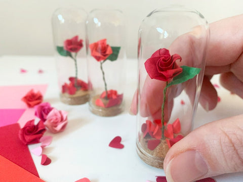 Origami Rose in Glass Dome, Valentine's Day Gift, Miniature Origami Flower, Gifts for Her, Wedding Favours, Romantic Gift for Girlfriend